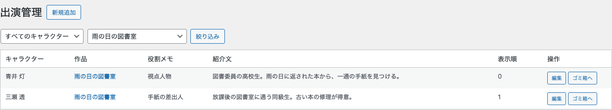 2人の役割メモと読者向け紹介文を分けた出演管理